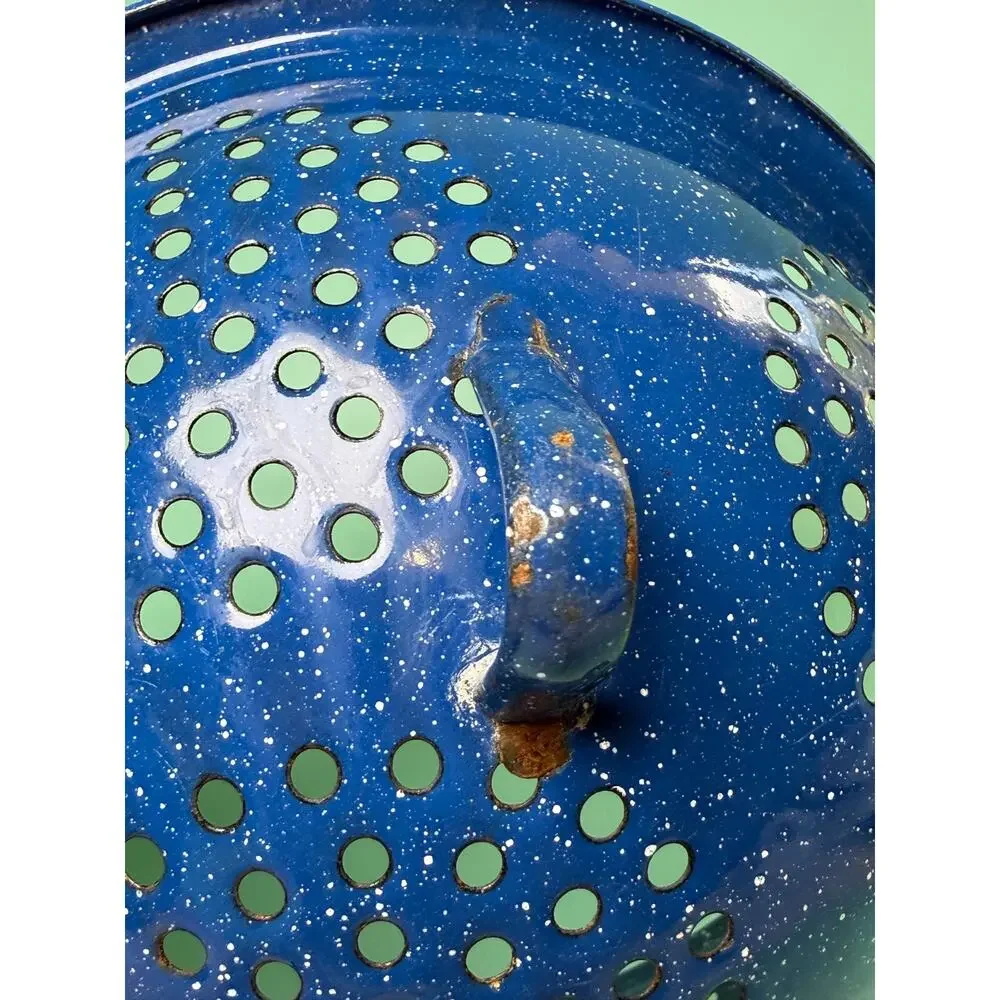 Vintage Teal Blue Speckled Graniteware Enamelware Colander Farmhouse Rustic Prim